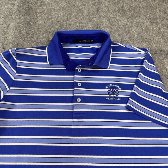 RLX Ralph Lauren Polo‎ Shirt Mens Medium Perfromance Blue Striped 2017 US Open - Picture 1 of 11